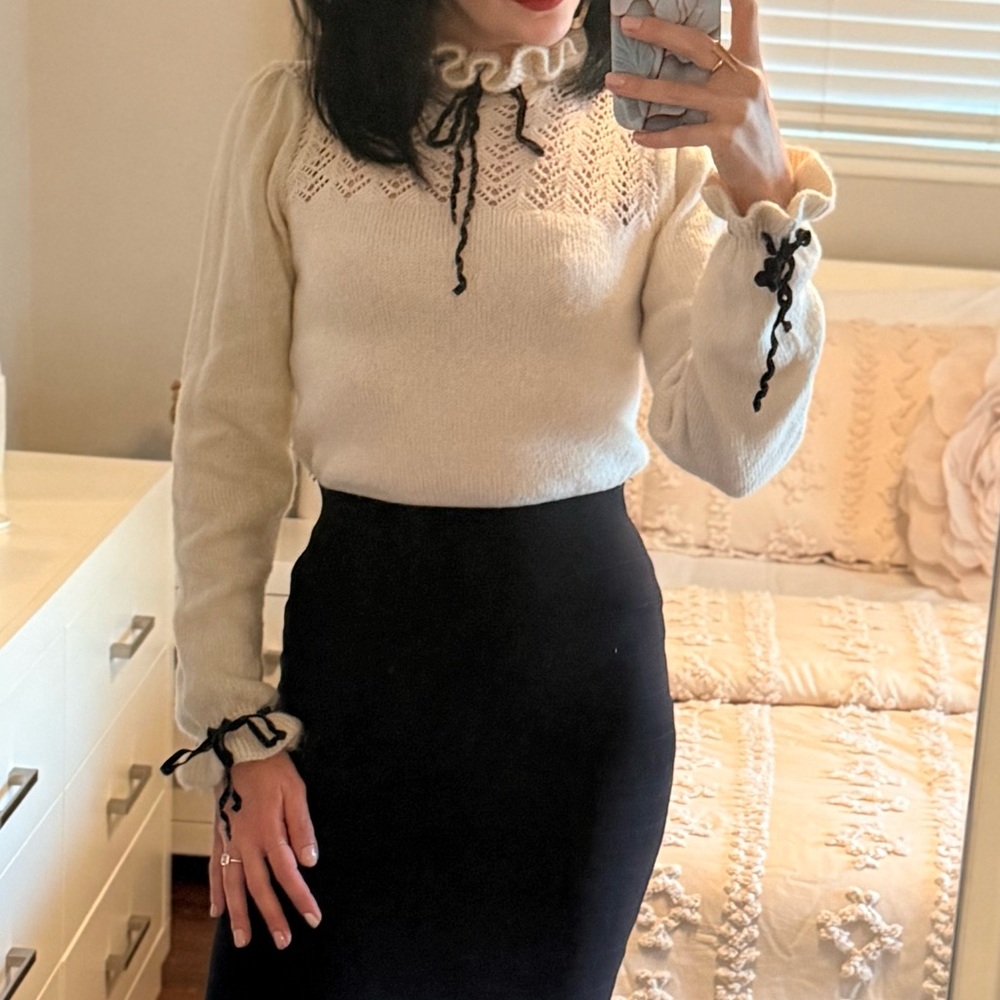 Zara Ivory High Neckline Black Velvet Ribbons Ruffled Collar & Cuffs Sweater